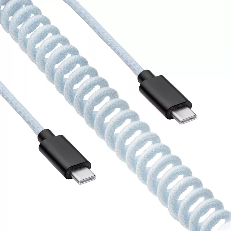 Akyga AK-USB-49 Cable espiral Aviator USB-C a USB-C con conector GX16, USB 2.0, 3 m, blanco