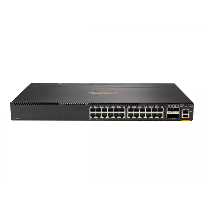 HPE - Serie Aruba - Aruba 6300F - Switch - L3 - gestionado - 24 x 10/100/1000 + 4 x 1 Gigabit / 10 Gigabit / 25 Gigabit / 50 Gigabit SFP56 (Uplink / Stacking) frontal y lateral a posterior