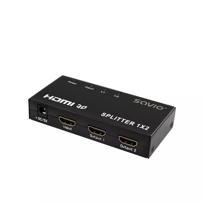 Divisor de vídeo HDMI SAVIO CL-42 — 2 salidas HDMI, 1920x1080, color de 36 bits, carcasa de metal, 5V/1A