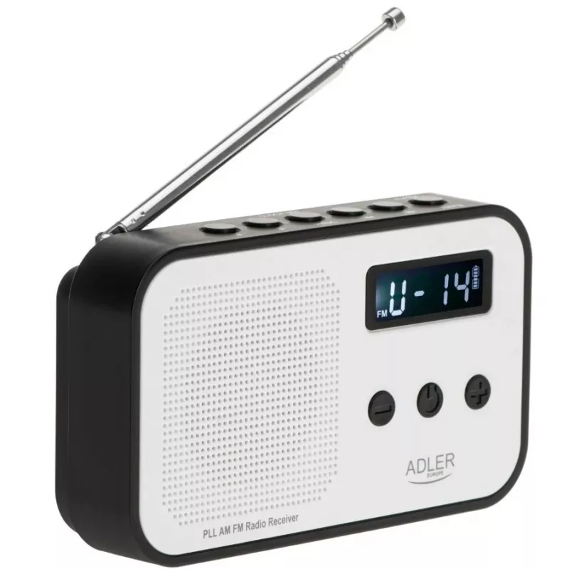 Adler AD 1907 radio digital PLL, AM/FM, 40 presintonías, alarma con repetición, USB-C, batería recargable integrada, conector de 3,5 mm, blanco/negro