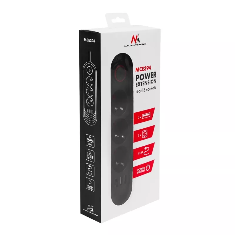 Regleta de enchufes MACLEAN MCE394 B — 3 tomas + 3×USB A, 110–240V, 2,1A USB, 2500W, cable 1,5 m, negro
