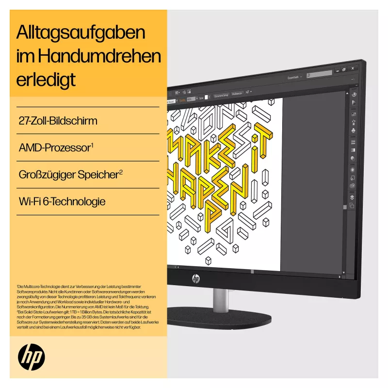 HP 27-cr0471ng - Todo en uno (solución completa) - Ryzen 7 7730U - RAM 16 GB - SSD 512 GB - NVMe - Radeon Graphics - 1GbE, Wi-Fi 6, Bluetooth - WLAN: 802.11a/b/g/n/ac/ax, Bluetooth