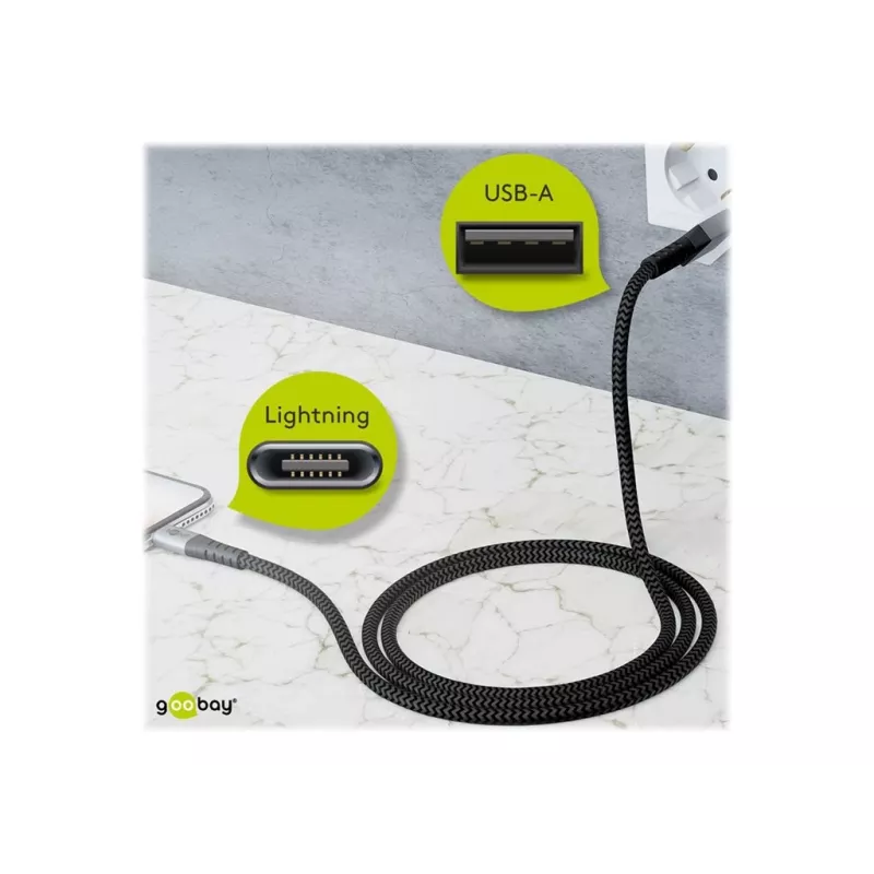 Goobay 49269 cable USB-A a Lightning, 2 m, funda textil, conectores metálicos, certificado MFi, USB 2.0, gris espacial/plateado