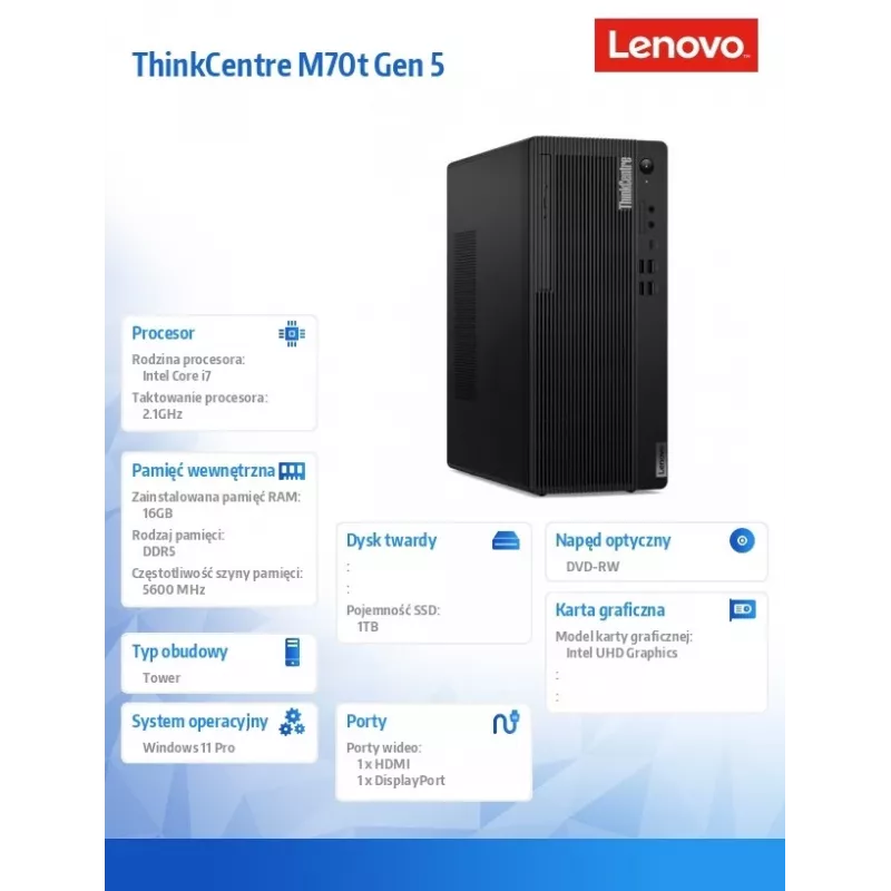 Ordenador ThinkCentre M70t G5 i7-14700 16GB 1TB INT DVD W11Pro