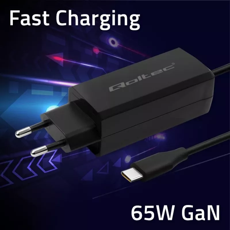 Cargador de portátil GaN QOLTEC 52419 65 W USB-C PD 5 V/20 V 3 A/3,25 A, 220–240 V, cable de 1,8 m, negro