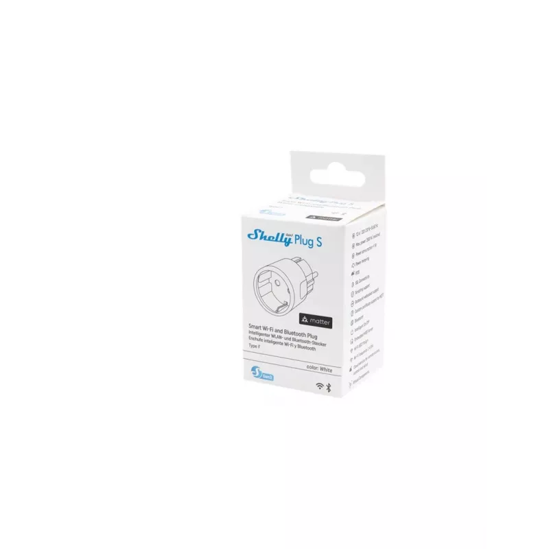 Enchufe inteligente Shelly Plug S Gen3 — enchufe inteligente Wi-Fi con monitorización de energía, tipo F, 110–230 V, 2500 W, blanco