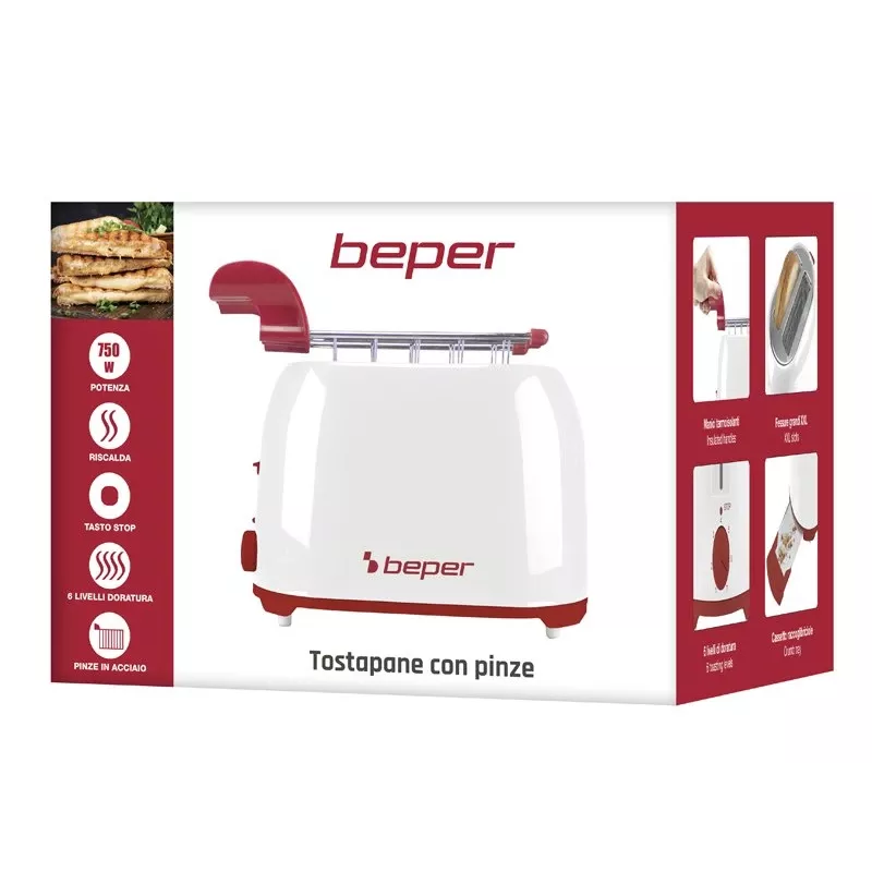Tostadora Beper P101TOS100 2 rebanadas diseño compacto, carcasa de acero inoxidable, tostado regulable