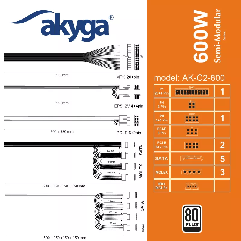 Akyga AK-C2-600 Fuente de alimentación ATX Classic 600 W, semimodular, PFC activo, ventilador de 120 mm
