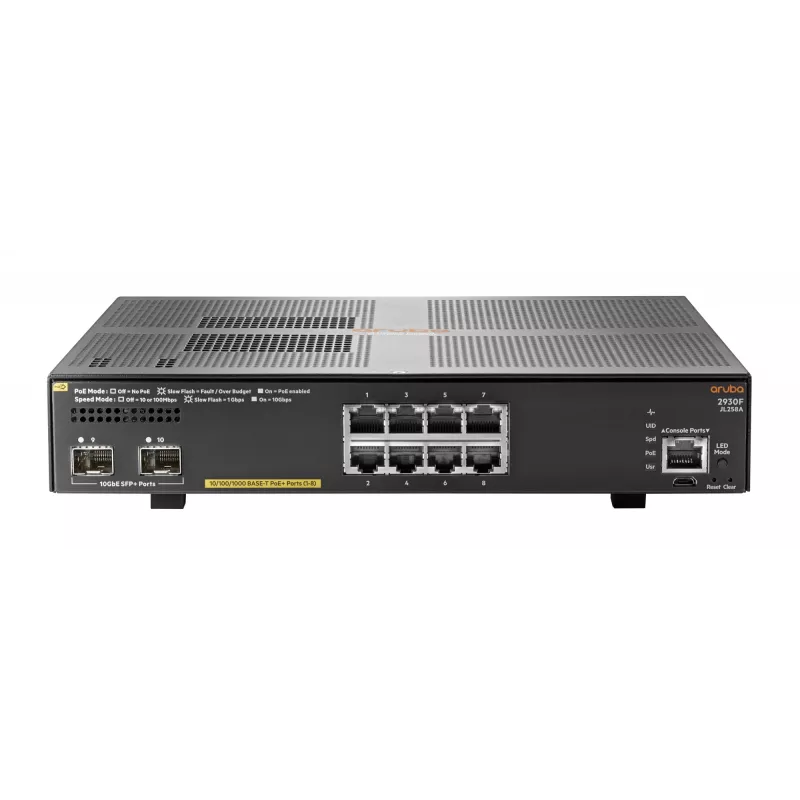Hewlett Packard Enterprise HPE Aruba 2930F 8G PoE+ 2SFP+ - Switch - L3 - gestionado - 8 x 10/100/1000 (PoE+) + 2 x 1 Gigabit/10 Gigabit SFP+ (Uplink) - montaje en rack - PoE+ (125