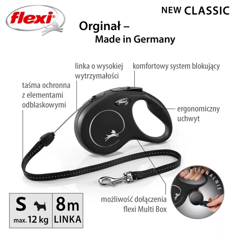 Correa extensible Flexi New CLASSIC 8 m negra con mecanismo retráctil