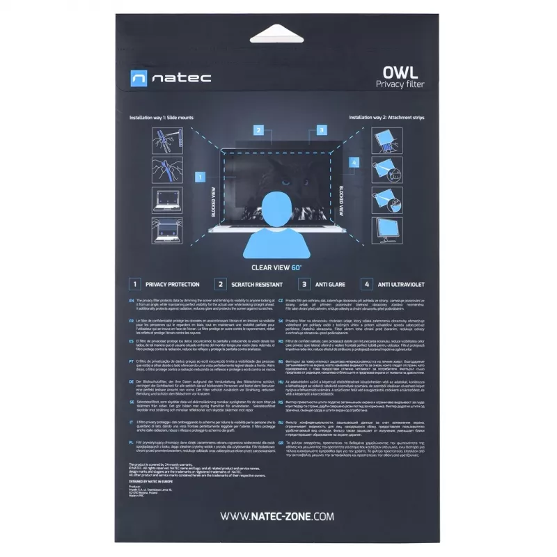 Filtro de privacidad sin marco para pantalla NATEC Owl 54,6 cm (21,5 pulgadas)