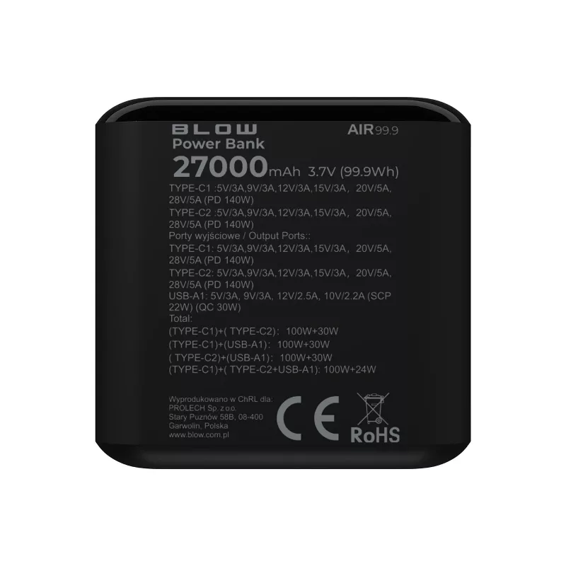 Batería externa BLOW AIR99.9 27000mAh PD 140W LCD — 2× USB‑C, 1× USB‑A, 27000 mAh, 140 W total