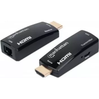 Manhattan kit extensor HDMI sobre Ethernet compacto 1080p@60Hz, amplía señales hasta 60 m con un solo cable Ethernet Cat6, transmisor y receptor incluidos, Power over Cable, diseño ultrafino, tres años de garantía, negro