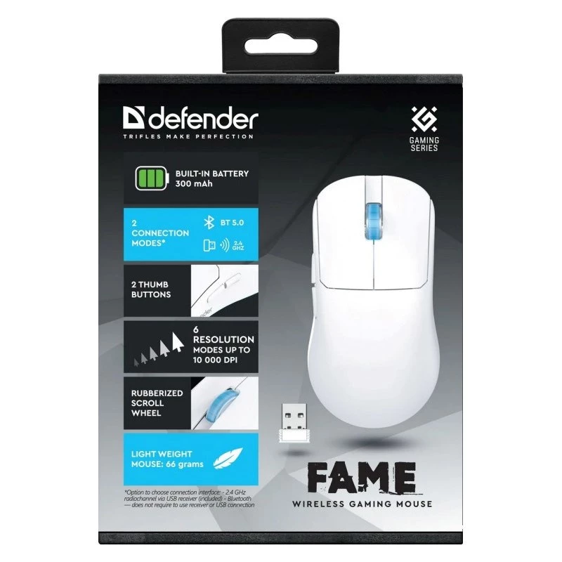 Ratón INALÁMBRICO DEFENDER FAME GM-516 RF+BT 10000DPI 6P blanco