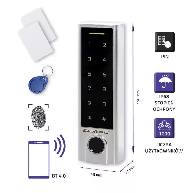 Qoltec 52448 cerradura con código TITAN con lector de huellas | RFID | BT 4.0 | código | tarjeta | llavero | timbre | IP68 | EM