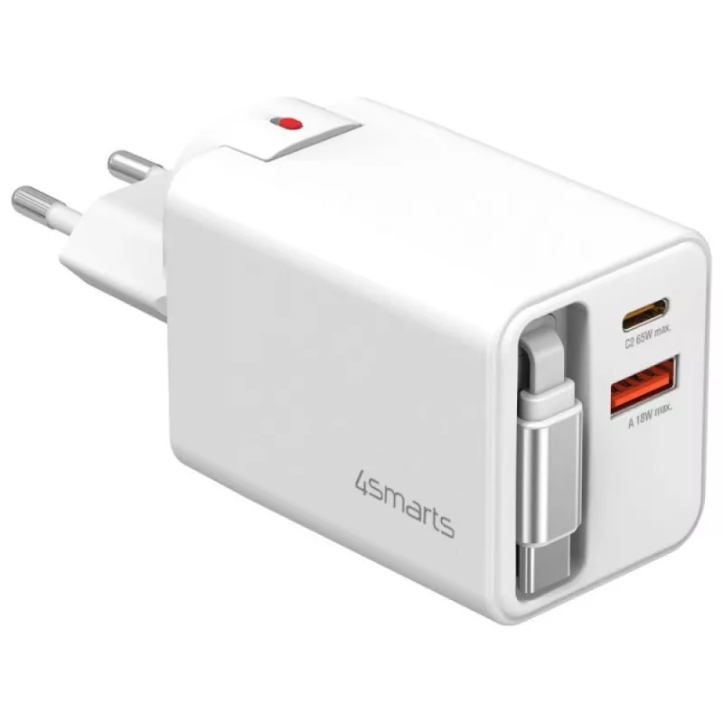 4smarts 541065 GaN Flex Jojo 65W cargador de pared, 2x USB-C PD + USB-A QC 3.0, cable USB-C retráctil, 100-240V, blanco