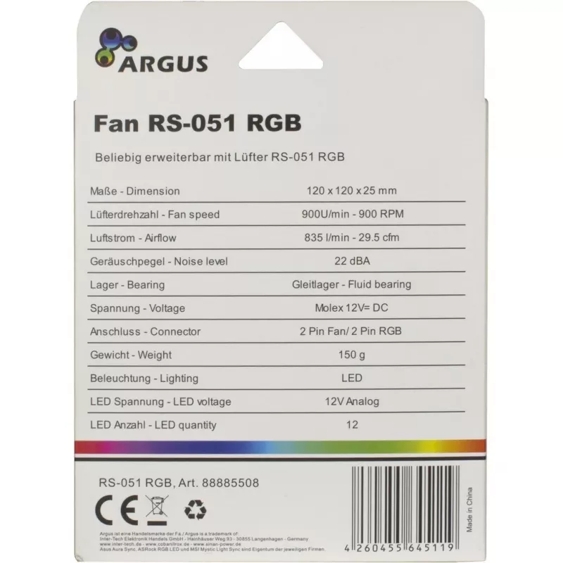 INTER-TECH Argus RS-051 RGB ventilador de caja de 120 mm, 900 rpm, negro