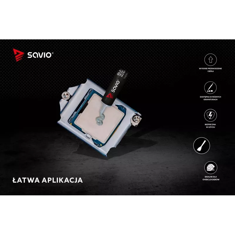 Pasta térmica SAVIO TG-04 4 g — Conductividad térmica 14,5 W/m·K, temperatura de funcionamiento -250 a 300 °C, gris