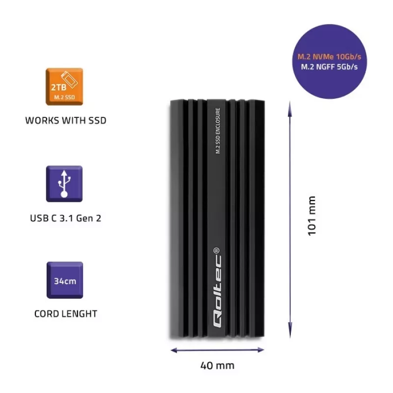 Carcasa externa SSD QOLTEC NV2270 para unidades M.2 SATA/NVMe, USB-C, hasta 2 TB
