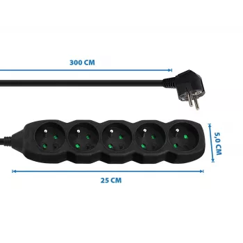 Regleta ESPERANZA ELK208K — 5 tomas, cable de 3 m, negra