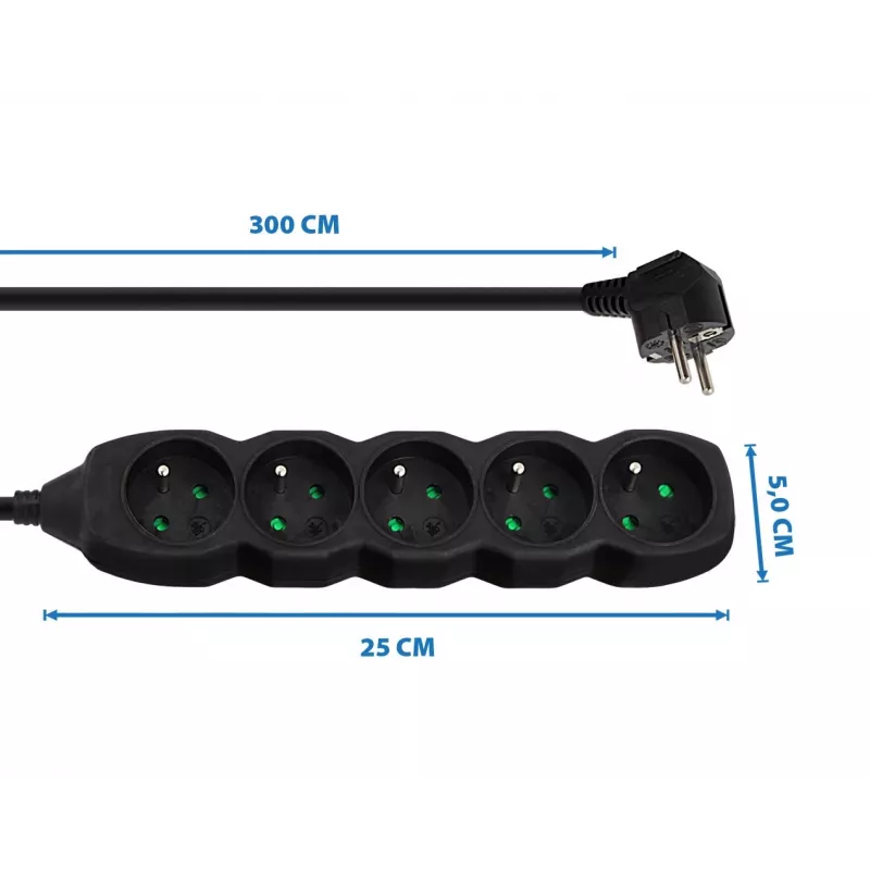 Regleta ESPERANZA ELK208K — 5 tomas, cable de 3 m, negra