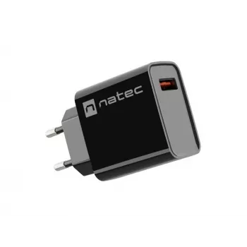 Cargador rápido de CA para interiores NATEC, con cable, Ribera – 18 W (5–15 V, hasta 3 A), 1x USB-A, Huawei FCP/SCP, negro