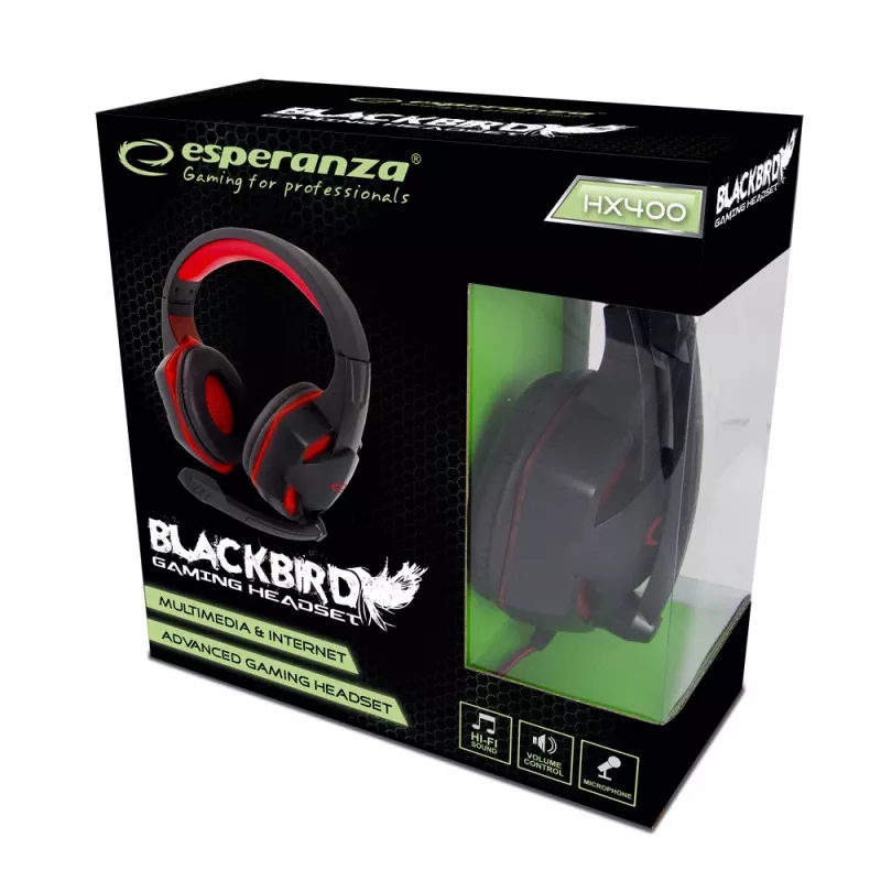 Auriculares gaming ESPERANZA BLACKBIRD, micrófono, USB/jack 3,5 mm, negro/rojo
