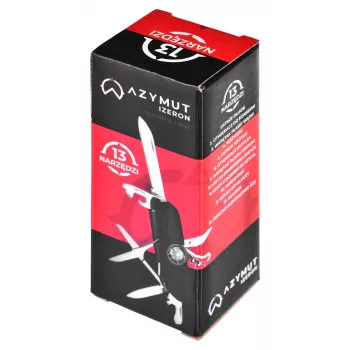 Navaja AZYMUT Izeron Multiusos — 13 herramientas, acero inoxidable 420J2/3CR13, plegada 9 cm, 91 g, funda de cuero para cinturón, luz y brújula integradas