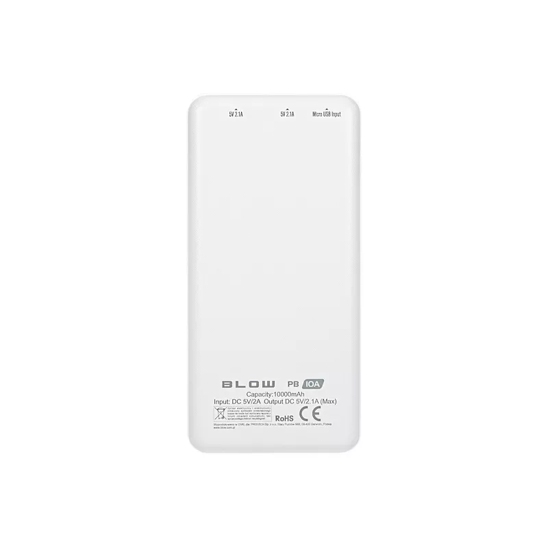 Blow PB10A batería externa 10000 mAh, 2x USB (1A + 2,1A), entrada micro USB, Li-Po, blanca