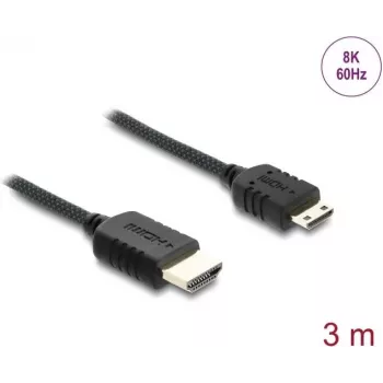 Cable HDMI DELOCK 3 m — Type-A (conector macho) a Type-C (Mini) (conector macho), 48 Gbit/s, hasta 7680×4320, contactos con baño de oro, negro