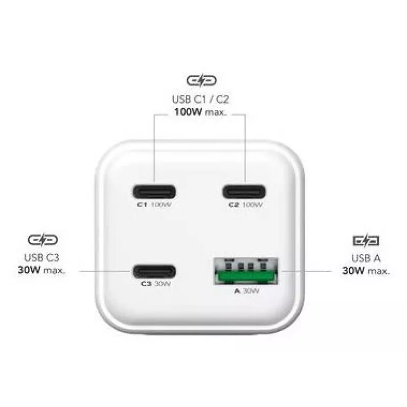 Cargador móvil MediaRange MRMA124 100W AC, 3x USB-C, entrada 100–240V, cable de 1,5 m, Blanco