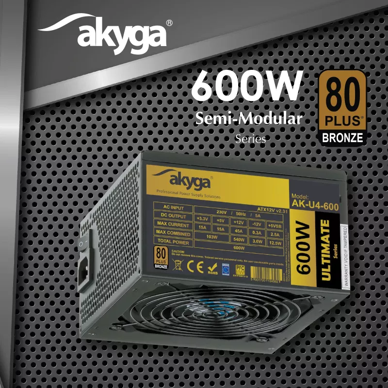 Fuente de alimentación ATX Akyga Ultimate AK-U4-600 600 W, 80 PLUS Bronze, PFC activo, ventilador de 120 mm
