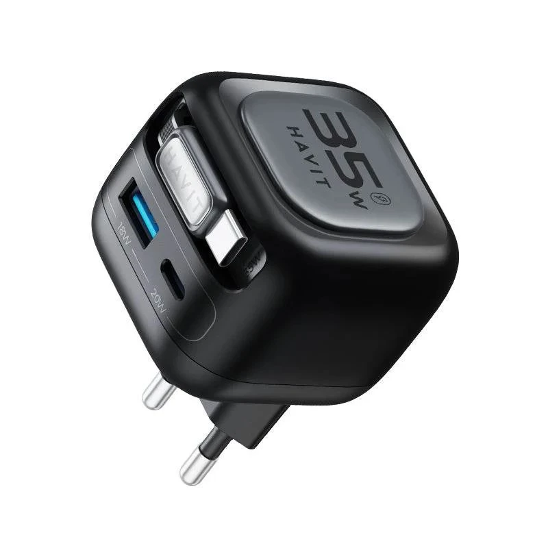 Havit UC250 A-EU cargador de viaje GaN con cable extensible, negro
