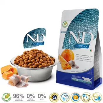 Pienso seco para gatos Farmina arenque calabaza naranja Adult 1,5 kg – 44 % proteína, 20 % grasa, sin gluten ni soja