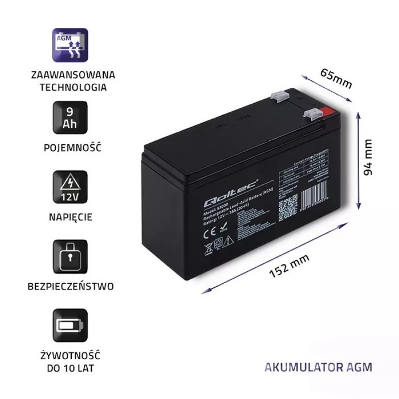 Batería para SAI QOLTEC 53031 12V 9Ah verde, 152×94×65 mm, 2,35 kg