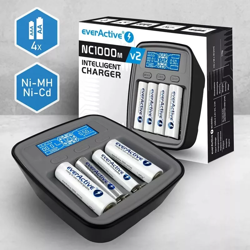 everActive NC-1000M V2 cargador de pilas, Ni-MH, 4 ranuras AA/AAA, USB-C, negro