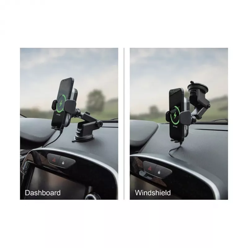Soporte activo para coche DELOCK 66939 para teléfonos móviles — soporte con ventosa, negro/gris, compatible con carga inalámbrica