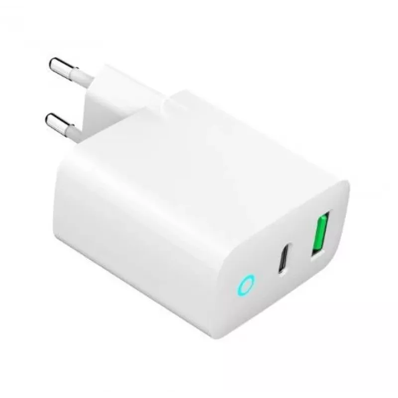 Cargador de red 220V GEMBIRD, universal, 1x USB Type-C PD 20 W, 1x USB-A 3.0 QC 18 W, indicador LED, blanco