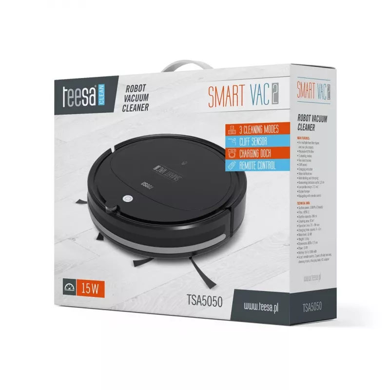 Robot aspirador TEESA Smart VAC 2 — redondo, negro, potencia de succión 1000 Pa, batería Li 9,6 V/2000 mAh, depósito de polvo 0,2 l, WLAN, retorno automático