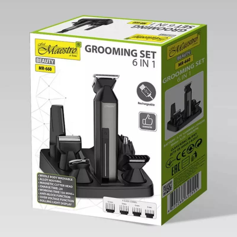 Set cortapelos Maestro MR-660 6 en 1 USB recargable con cuchillas ajustables