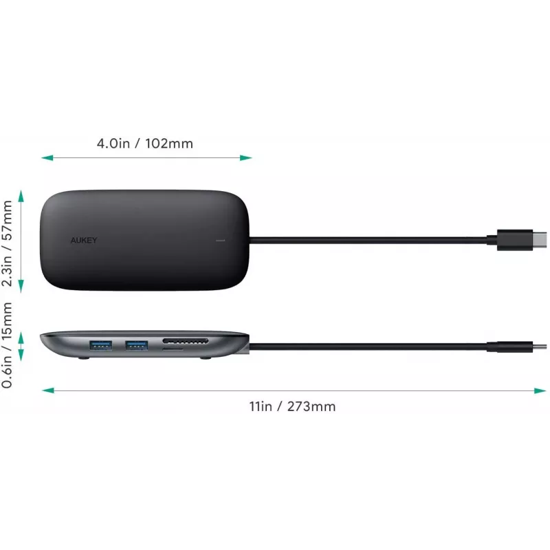 AUKEY CB-C71 hub USB-C 8 en 1, 3x USB-A 3.0, HDMI 4K@30Hz, Gigabit RJ45, SD/microSD, USB-C PD 100 W, cable de 0,15 m, aluminio, negro