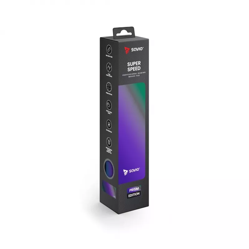 Alfombrilla de ratón gaming SAVIO Super Speed L Prism Edition — 700×300×3 mm, morada, bordes cosidos, base antideslizante