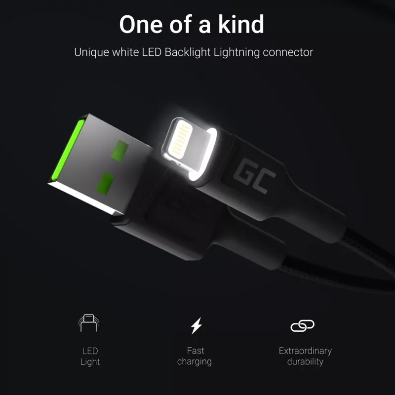 Cable Lightning a USB-A Green Cell KABGC12, 2 m, Lightning – USB A, negro