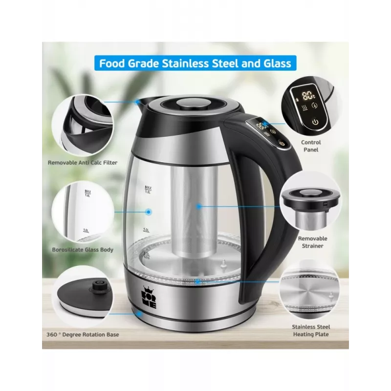 Forme FKG-448 hervidor eléctrico de cristal, 1,8 l, 2200 W, control de temperatura, gris