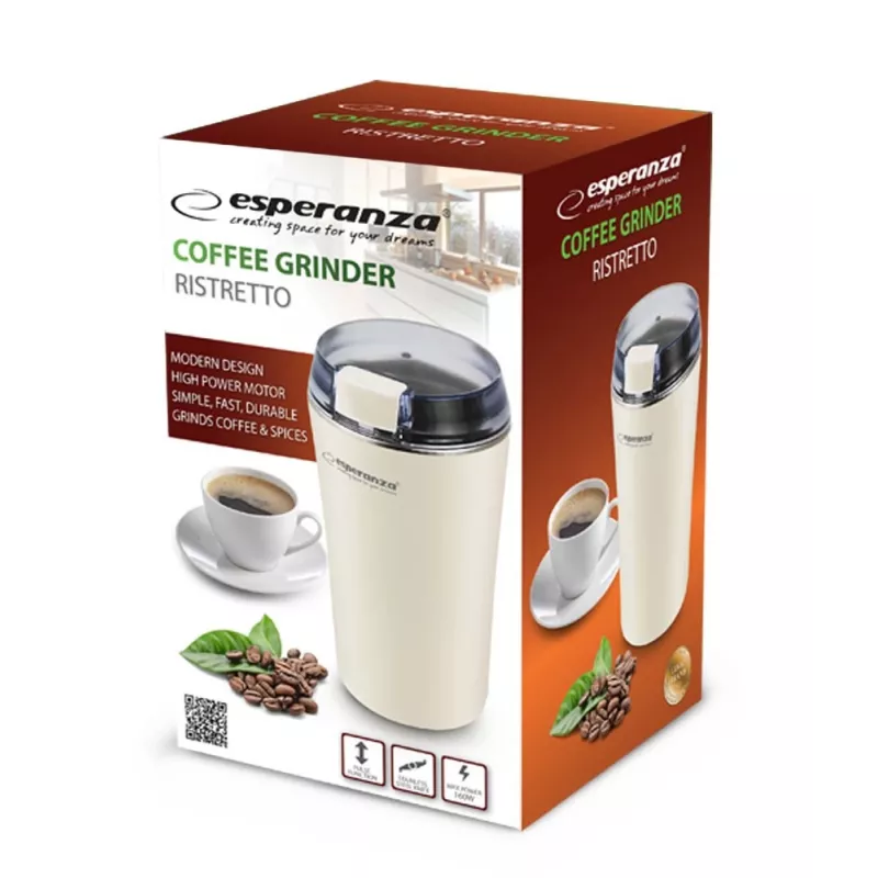 Molino de café con cuchilla de acero inoxidable ESPERANZA EKC008W, 160 W, capacidad 70 g, 8,7 cm de diámetro, 17 cm de altura, blanco