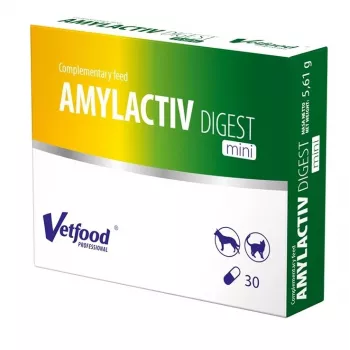 Enzimas digestivas Vetfood AMYLACTIV DIGEST MINI – complemento alimenticio, 30 cápsulas para gatos y perros