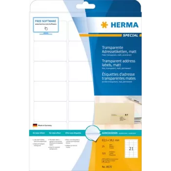Etiquetas de dirección HERMA transparente mate A4 63,5x38,1 mm esquinas redondeadas film 525 uds.