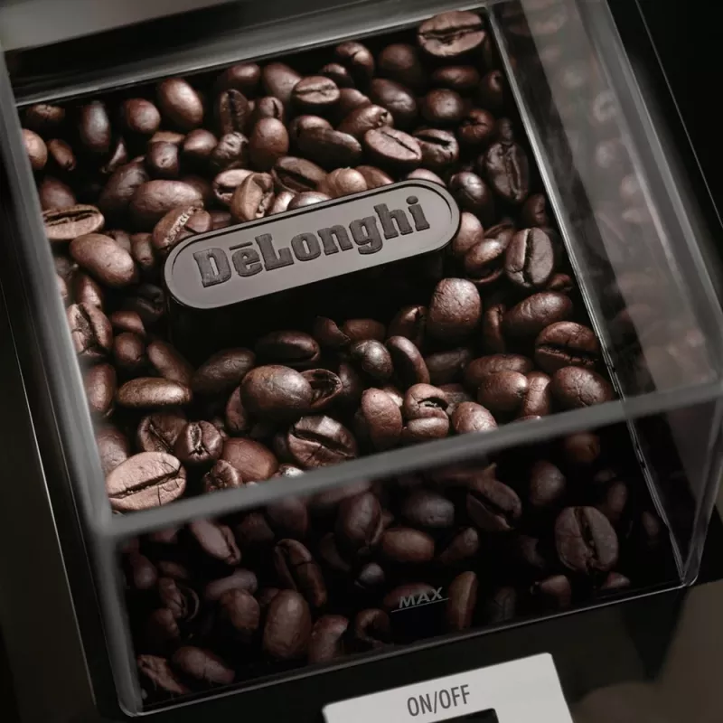 Molinillo de café De’Longhi KG89 — 120 g Capacidad de granos, 110 W, 12 tazas, Carcasa de acero inoxidable y plástico