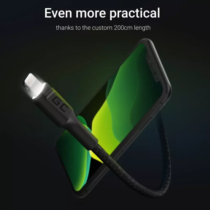 Cable Lightning a USB-A Green Cell KABGC12, 2 m, Lightning – USB A, negro