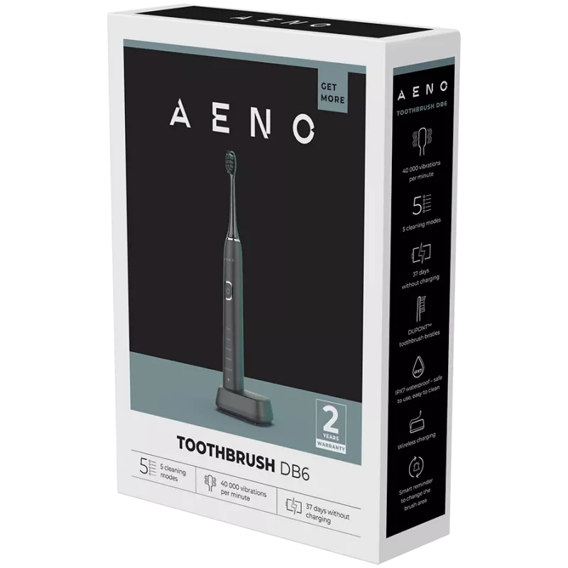Cepillo de dientes eléctrico sónico AENO Sonic DB6: negro, 5 modos, carga inalámbrica, 46000 rpm, 40 días sin cargar, IPX7